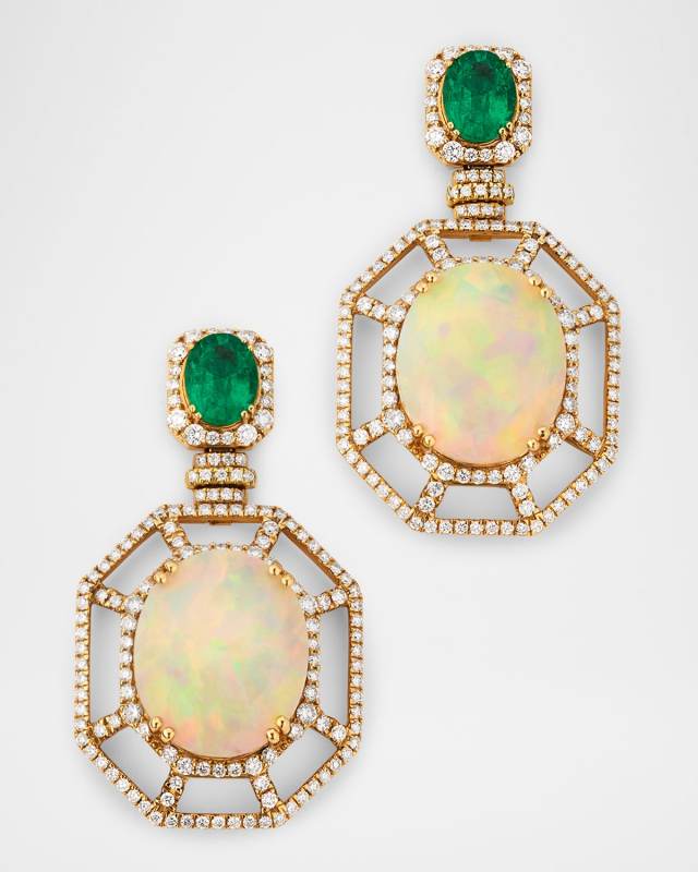 G One 18K Yellow Gold Opal and Emerald Earrings with Diamonds